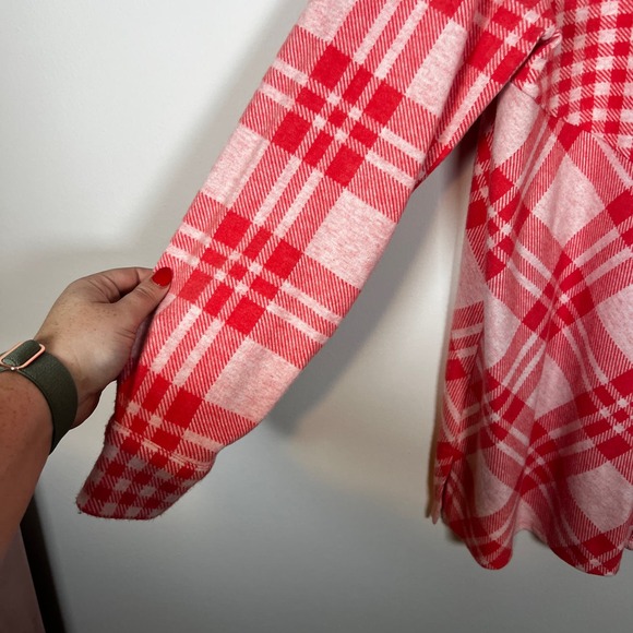 Soft Surroundings Paramour Tunic Top L Plaid‎ Button Down Long Sleeve Red Ivory - Picture 3 of 7